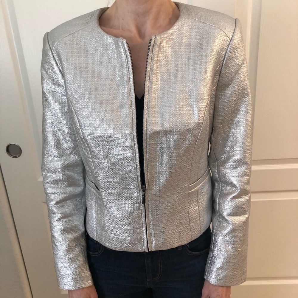 Silver cropped leather jacket - Size 4P - Picture 2 of 5